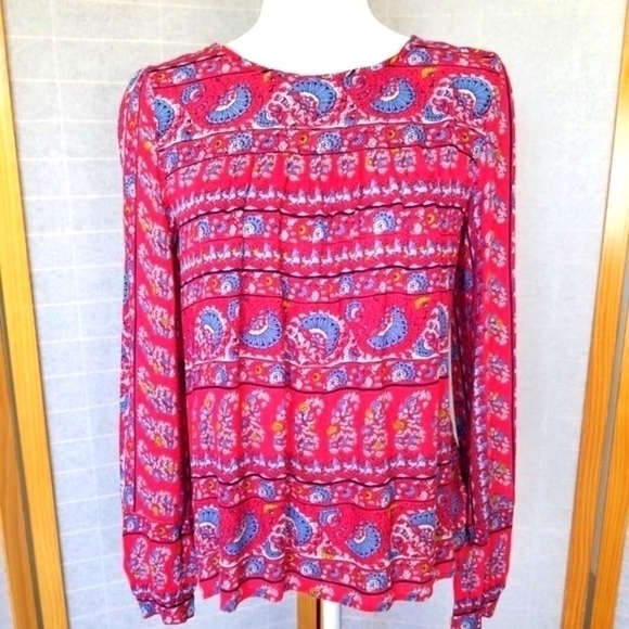 Loft Long Sleeve Blouse Red Paisley Boho Hippie Tetro Top Size XS - Picture 1 of 9